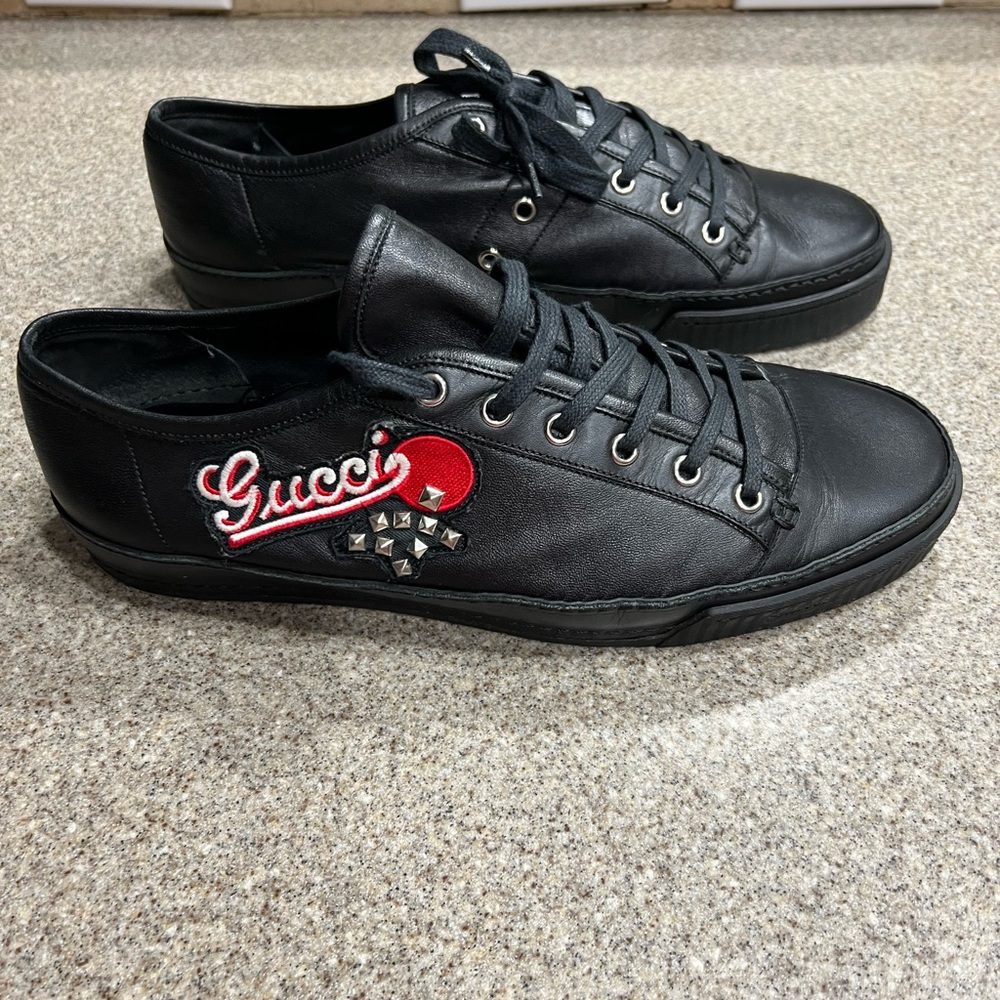 Gucci Black Leather Sneakers with Red Script Heart Patch